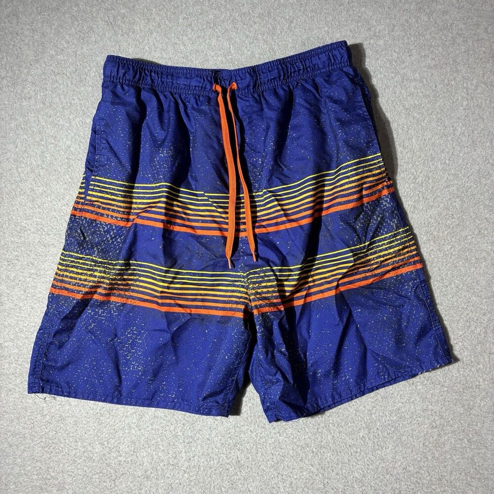 Barracuda Bay Men’s XL Blue Orange Striped Swim Trunks Board Shorts Mesh Lined